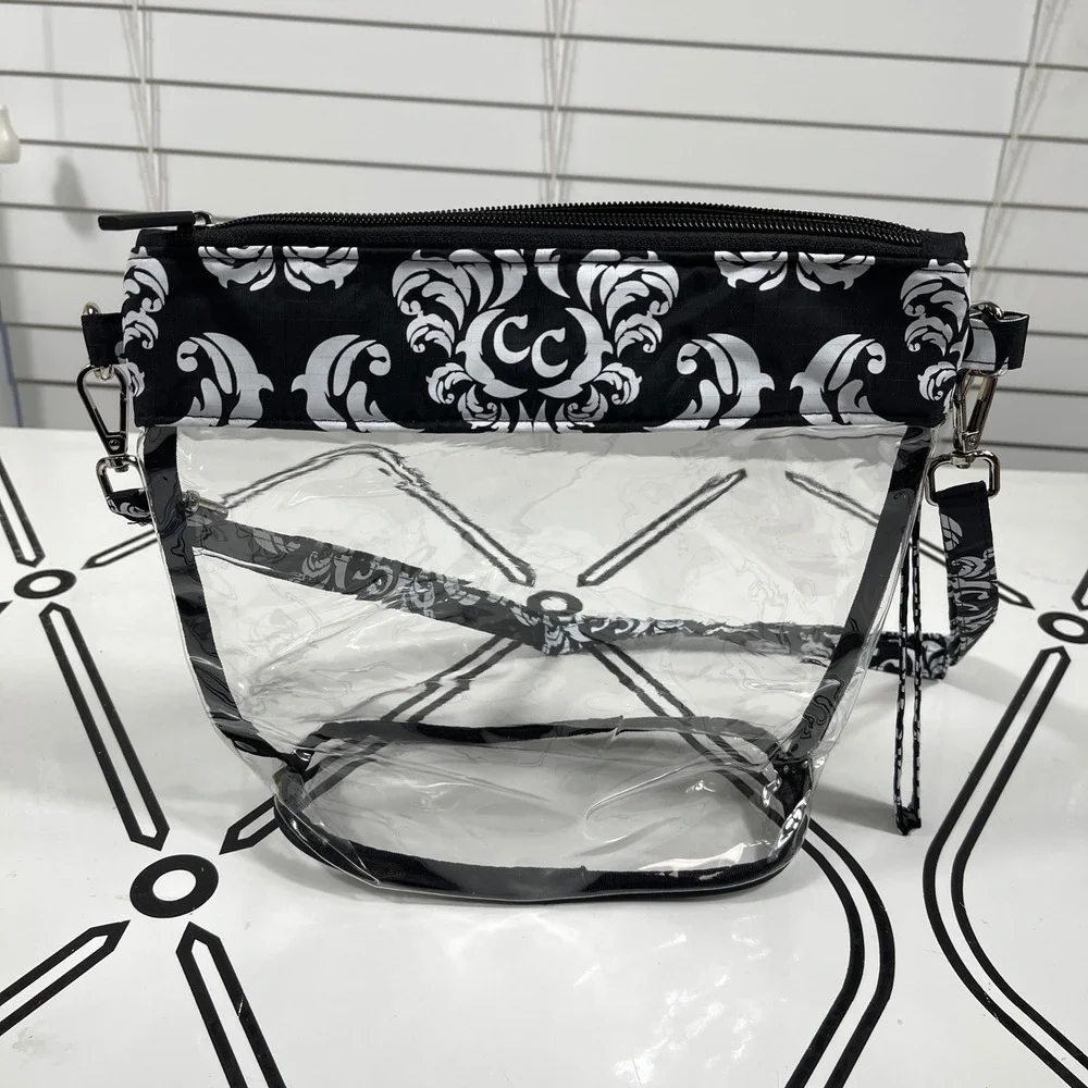 Clear‎ Stadium Travel Crossbody Bag Black White Damask Concert Game Day